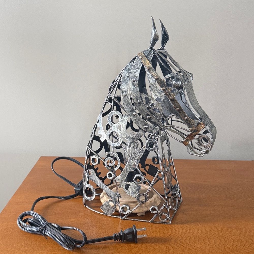 Pink zebra steampunk metal horse head lamp